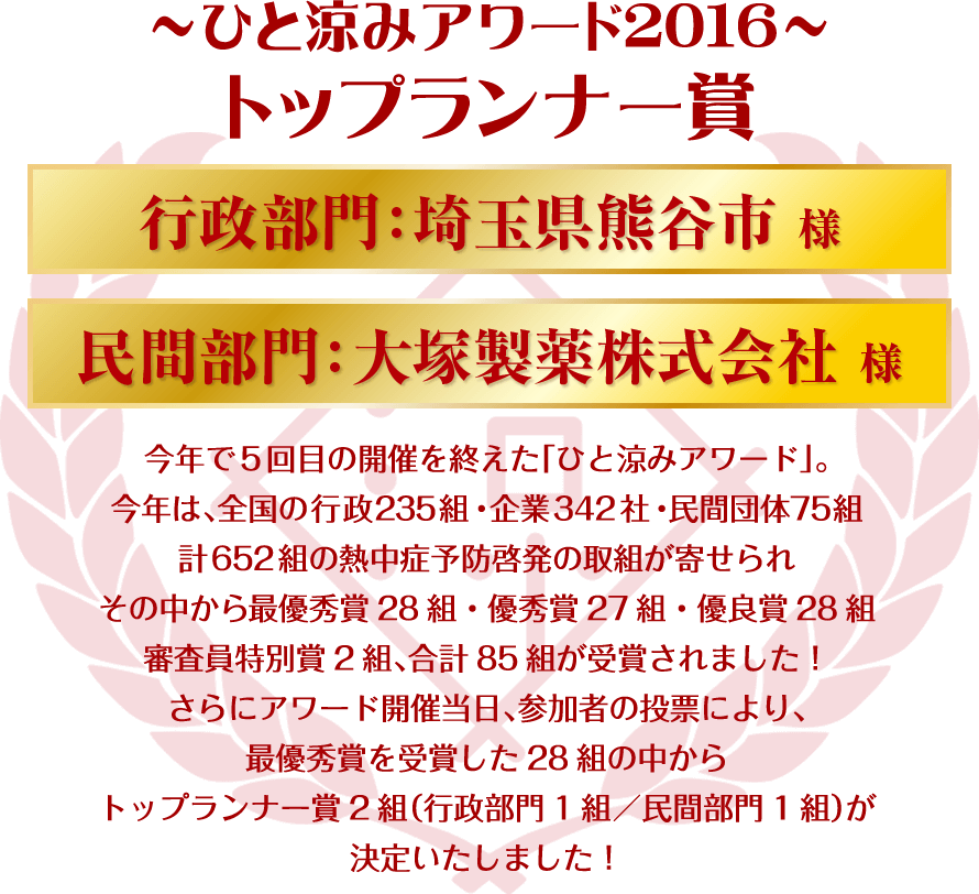 【ひと涼みアワード2016トップランナー賞】行政部門：埼玉県熊谷市／民間部門：大塚製薬株式会社