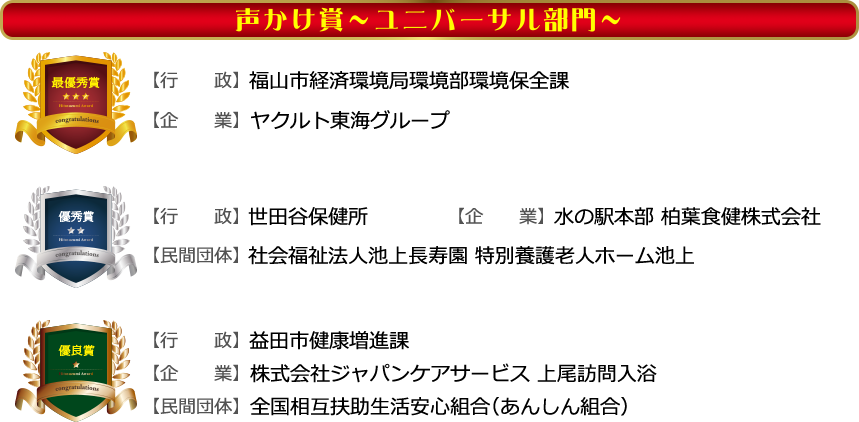 【声かけ賞ユニバーサル部門最優秀賞】行政/福山市経済環境局環境部環境保全課 企業/ヤクルト東海グループ　【声かけ賞ユニバーサル部門優秀賞】行政/世田谷保健所 企業/水の駅本部 柏葉食健株式会社 民間団体/社会福祉法人池上長寿園 特別養護老人ホーム池上　【声かけ賞ユニバーサル部門優良賞】行政/益田市健康増進課 企業/株式会社ジャパンケアサービス 上尾訪問入浴 民間団体/全国相互扶助生活安心組合（あんしん組合）