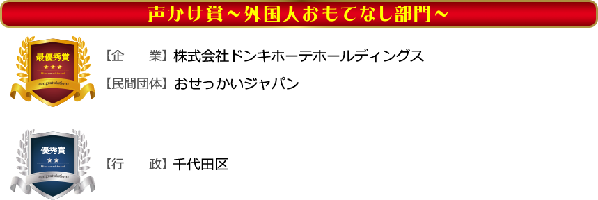 【声かけ賞外国人おもてなし部門最優秀賞】企業/株式会社ドンキホーテホールディングス 民間団体/おせっかいジャパン　【声かけ賞外国人おもてなし部門優秀賞】行政/千代田区