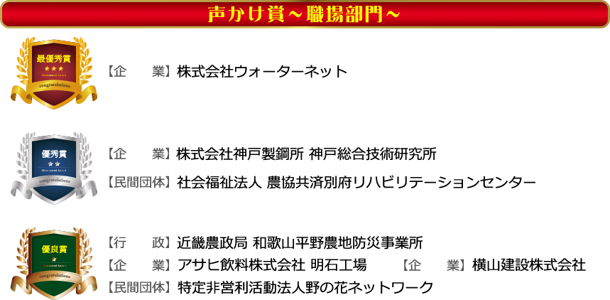 【声かけ賞職場部門最優秀賞】企業/株式会社ウォーターネット　【声かけ賞職場部門優秀賞】企業/株式会社神戸製鋼所 神戸総合技術研究所 民間団体/社会福祉法人 農協共済別府リハビリテーションセンター　【声かけ賞職場部門優良賞】行政/近畿農政局 和歌山平野農地防災事業所 企業/アサヒ飲料株式会社 明石工場 企業/横山建設株式会社 民間団体/特定非営利活動法人野の花ネットワーク