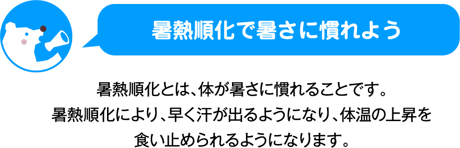 暑熱順化とは、体が暑さに慣れることです。暑熱順化により 、早く汗が出るようになり体温の上昇を食い止められるようになります。